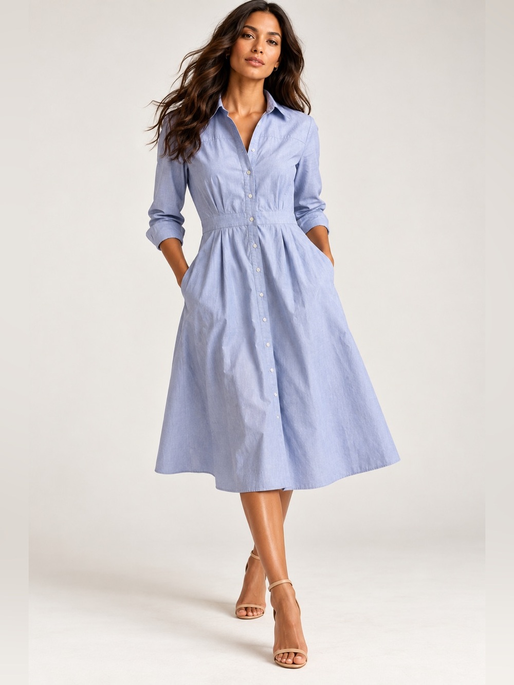 J.Crew Chambray Shirt Dress Light Blue Long Sleeve Button Front pockets Chic 10